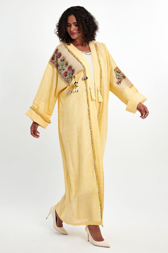 Sarı Antika Parçalı Özel Tasarım Abaya