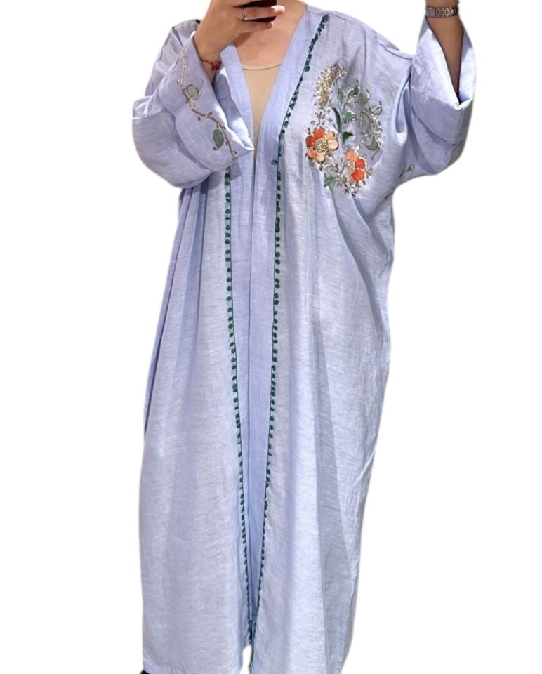 Linen Wire Wrapped Blue Special Design Abaya