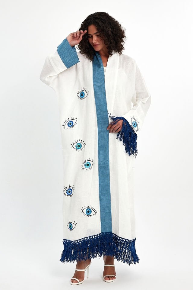 عباية كتانية مرسومة يدويًا بتصميم خاص