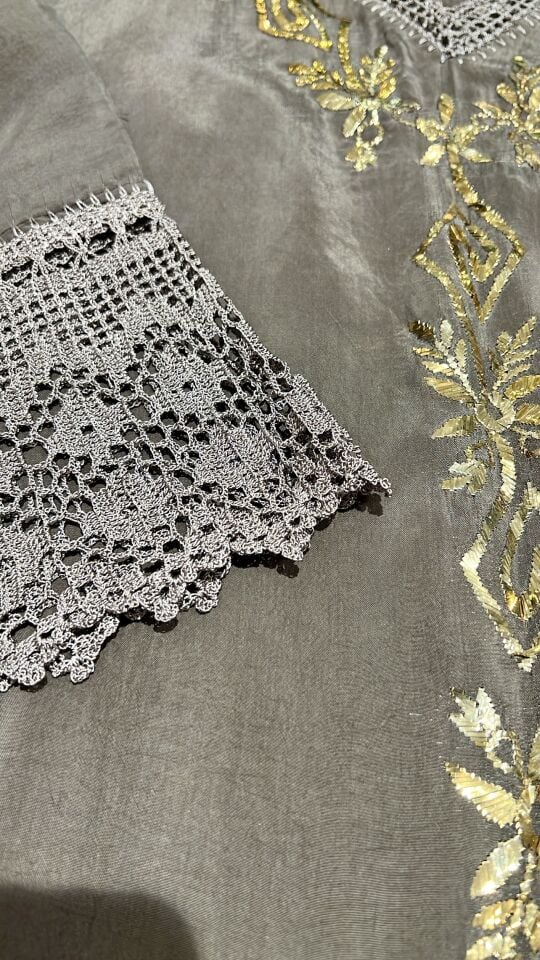 Silk Fabric Mink Color Crochet and Sarma with Gold Thread Special Design Handmade Dress