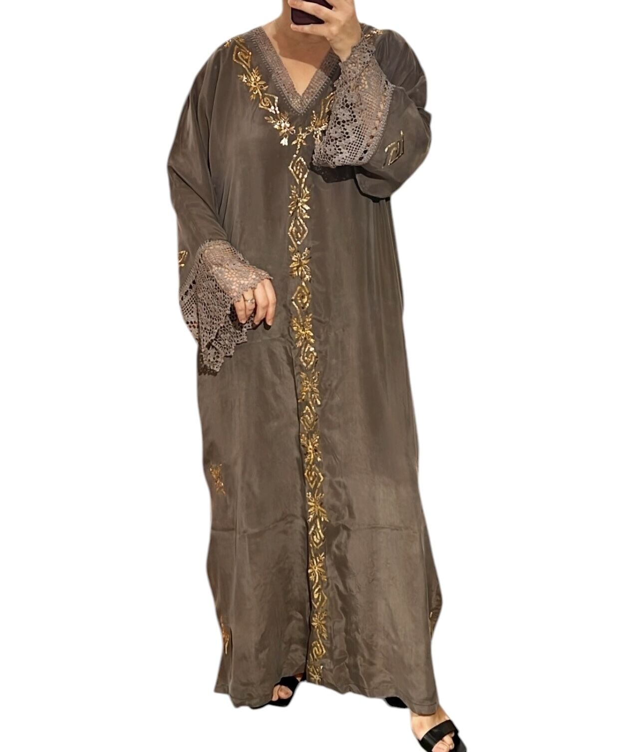 Beige Silk Fabric Dress with Silk and Wire Embroidery