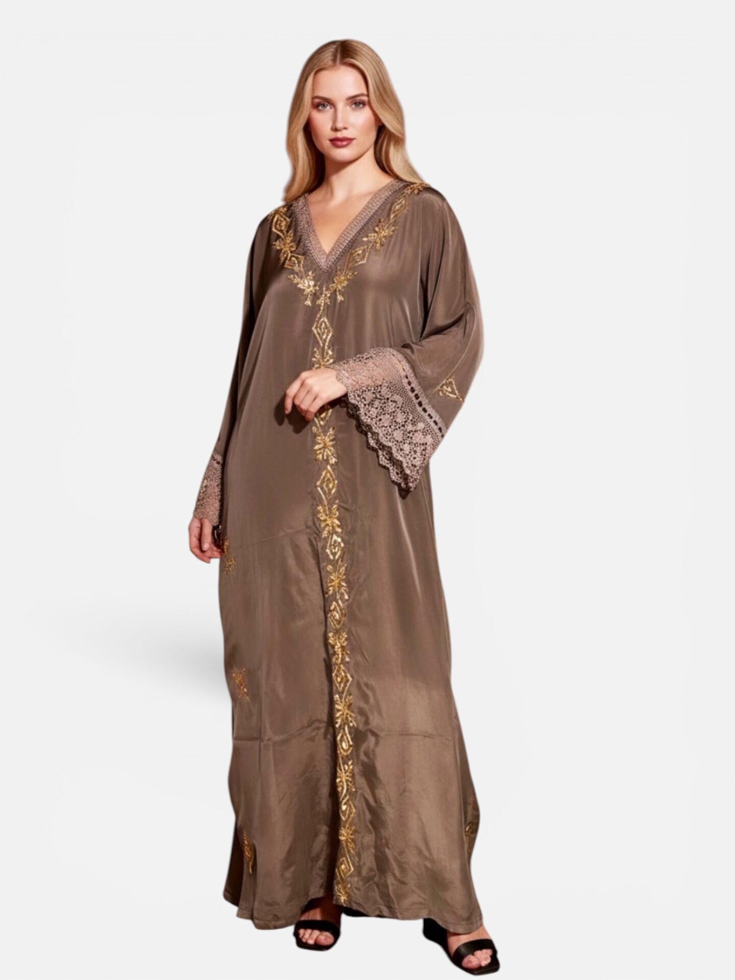 Beige Silk Fabric Dress with Silk and Wire Embroidery