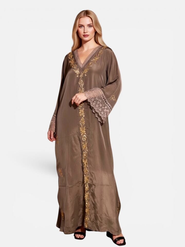 Beige Silk Fabric Dress with Silk and Wire Embroidery