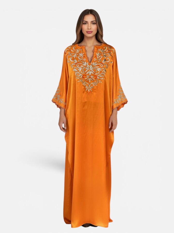 Silk and Sarma With Silver Thread Embroidery On Orange Silk Fabric Dress