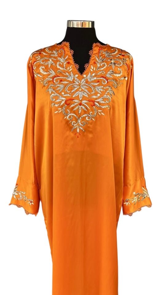 Silk and Sarma With Silver Thread Embroidery On Orange Silk Fabric Dress