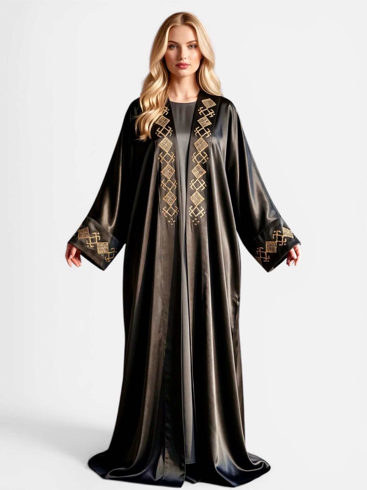 Abaya with Wire and Silk Embroidery on Luxury Dark Navy Blue Silk Fabric