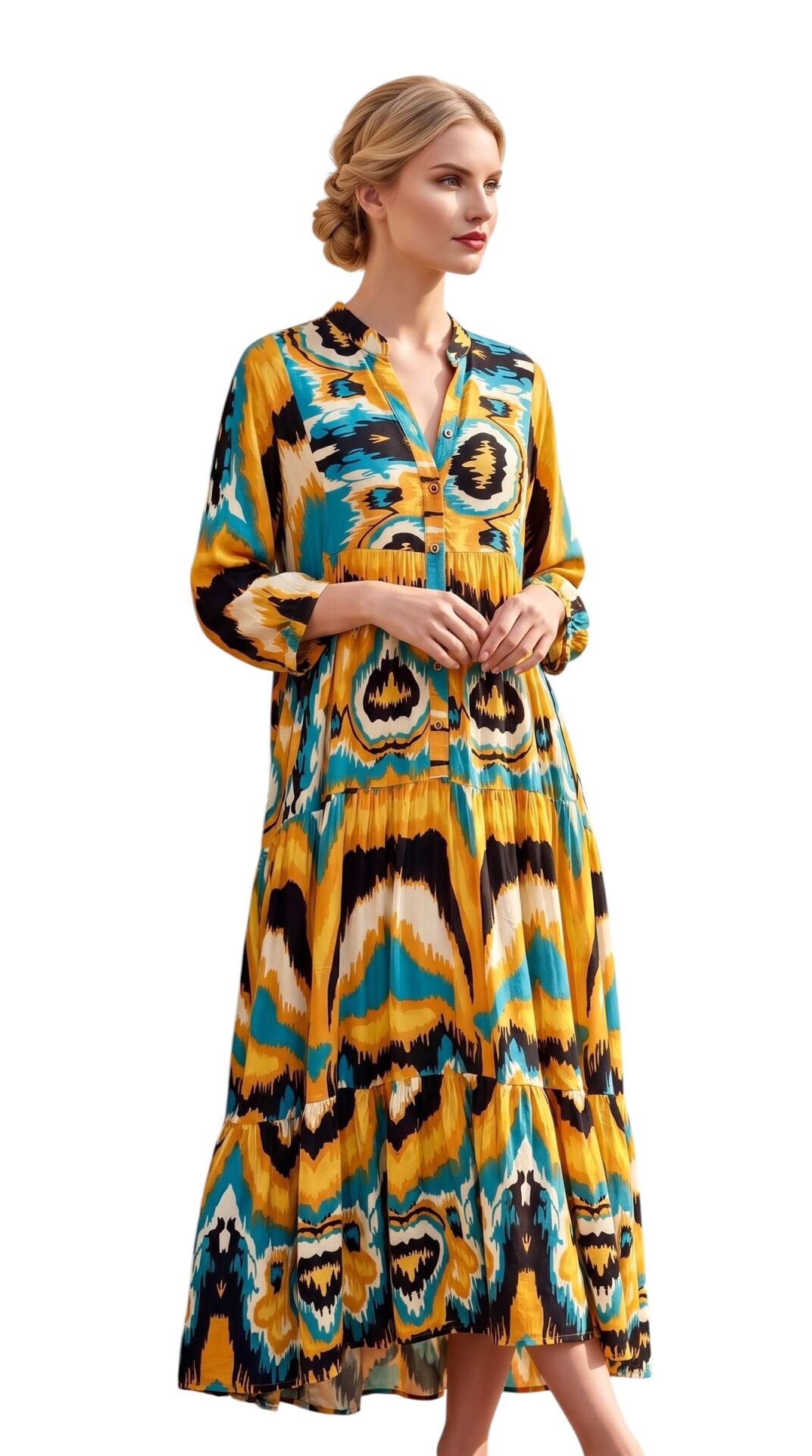 Patterned Collar Buttoned Special Design Dress