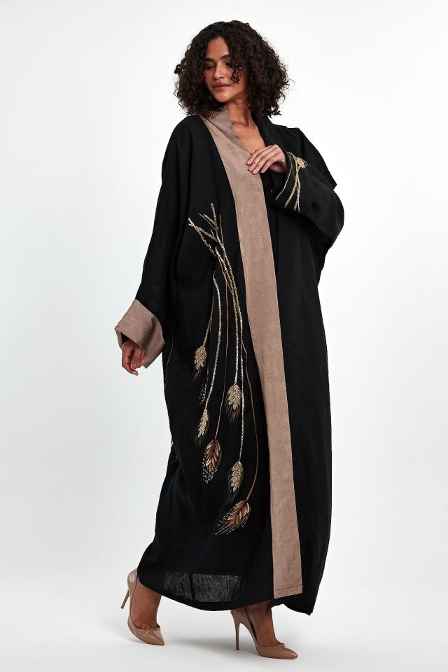 El Boyaması Üzerine Boncuk Işlemeli Başak Desenli Handmade Abaya