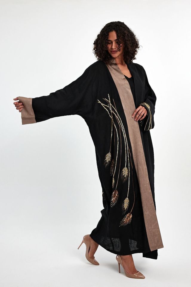 El Boyaması Üzerine Boncuk Işlemeli Başak Desenli Handmade Abaya