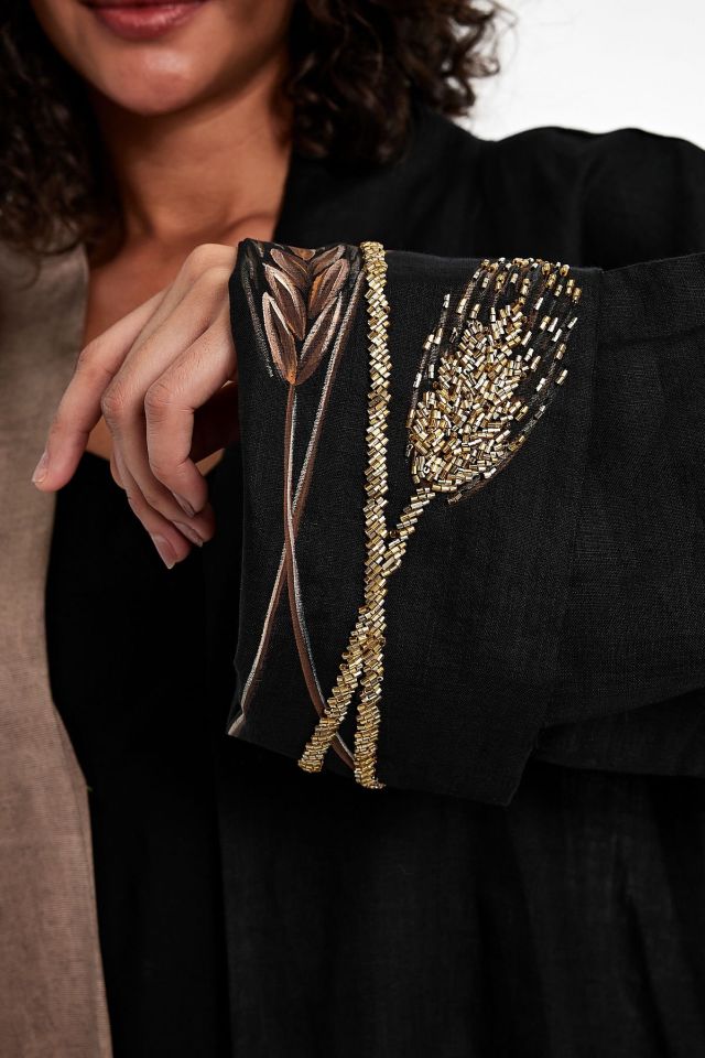 El Boyaması Üzerine Boncuk Işlemeli Başak Desenli Handmade Abaya