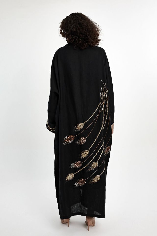 El Boyaması Üzerine Boncuk Işlemeli Başak Desenli Handmade Abaya