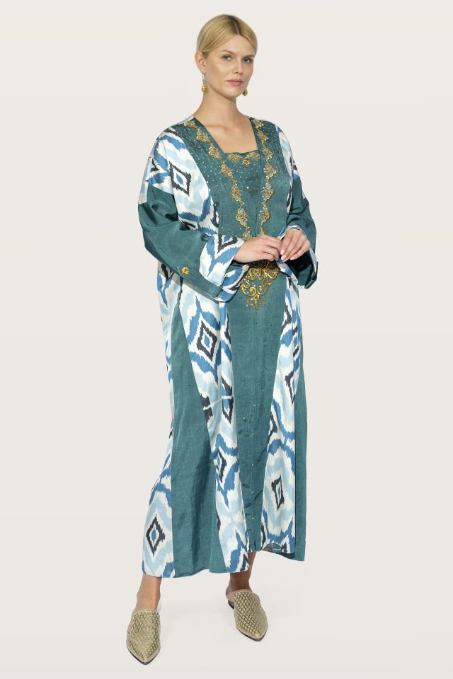 Hand - Woven Ikat Silk Fabric With Antique Gold Pieces Dress