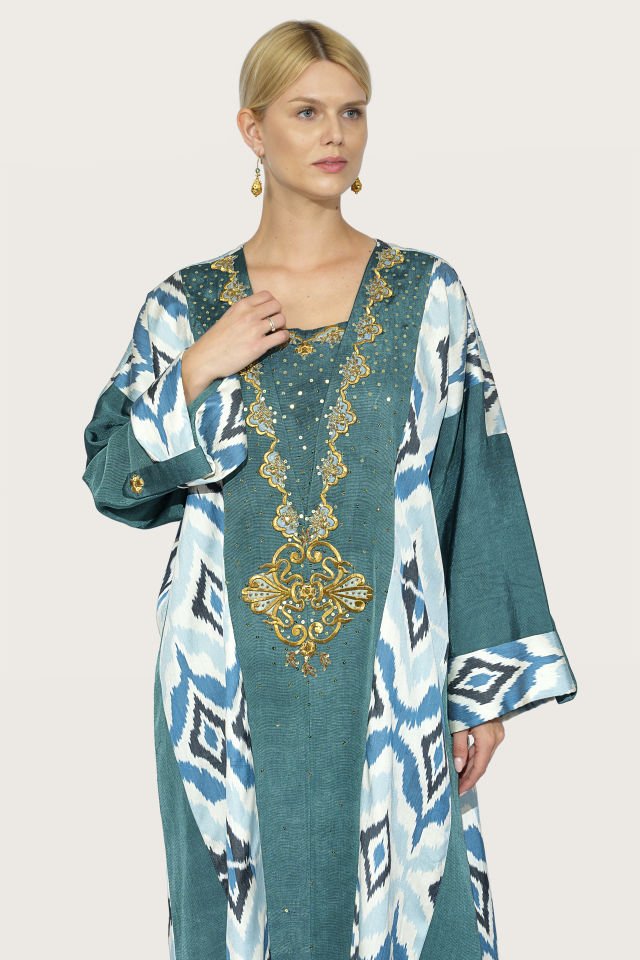 Hand - Woven Ikat Silk Fabric With Antique Gold Pieces Dress
