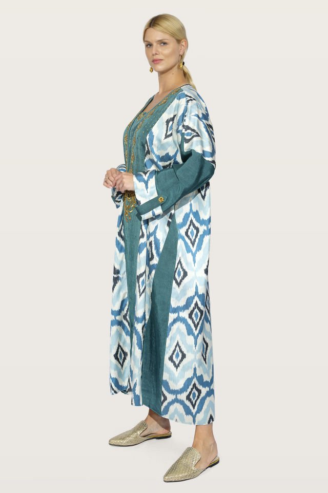 Hand - Woven Ikat Silk Fabric With Antique Gold Pieces Dress