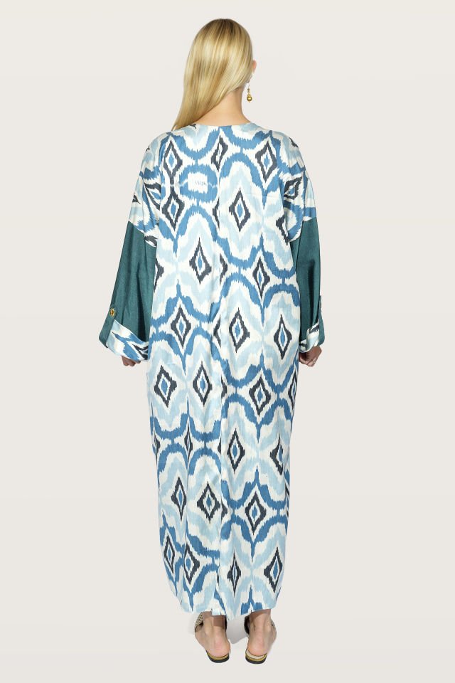 Hand - Woven Ikat Silk Fabric With Antique Gold Pieces Dress