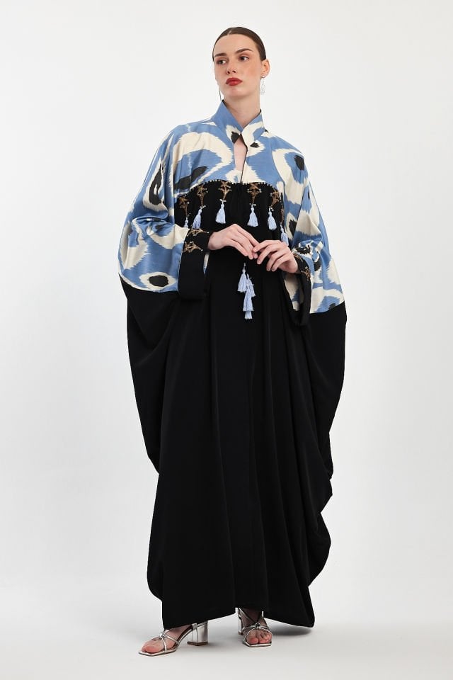 Hand - Woven Ikat Silk Fabric With Antique Gold Pieces Abaya