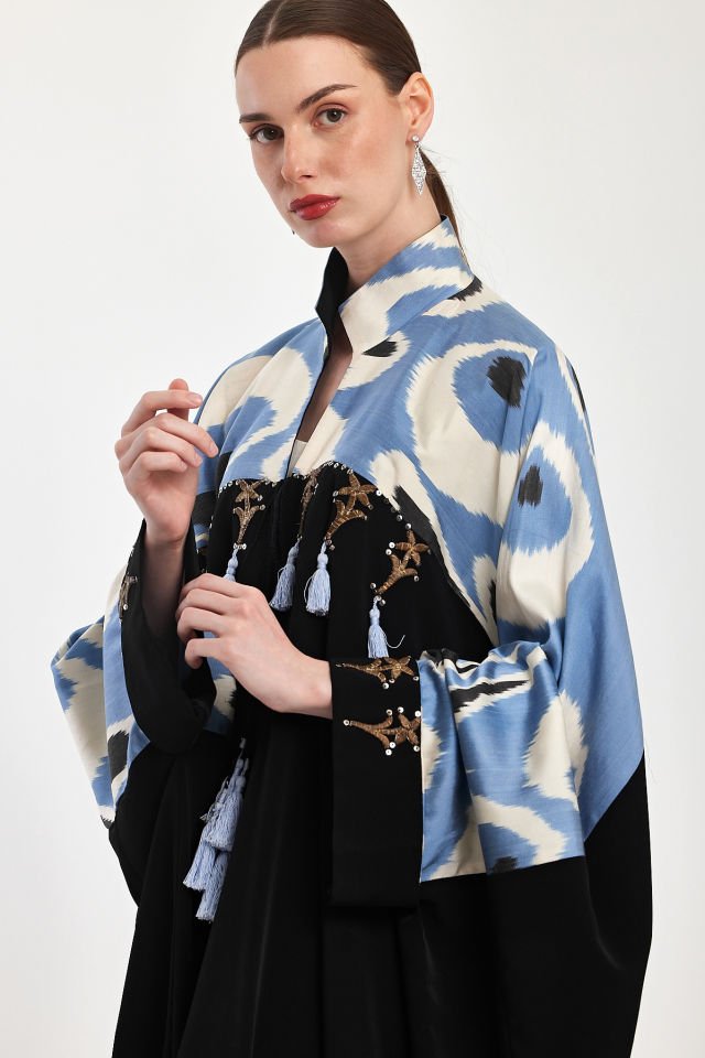 قماش حرير إيكات منسوج يدوياً مع عباية بقطع ذهبية عتيقة