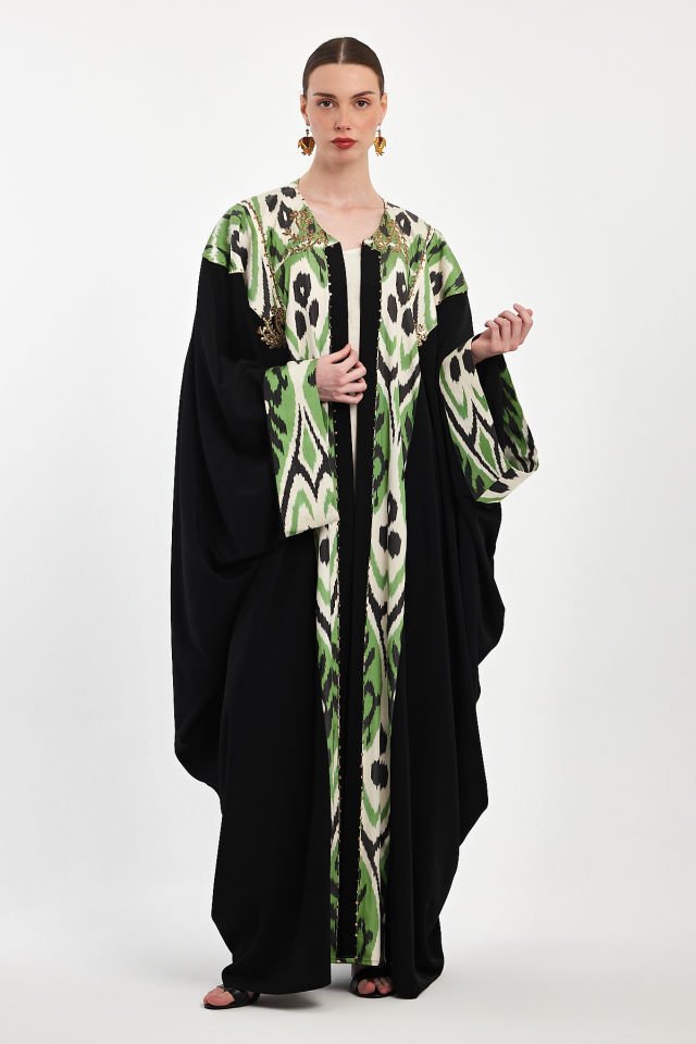 Hand - Woven Ikat Silk Fabric With Antique Gold Pieces Abaya