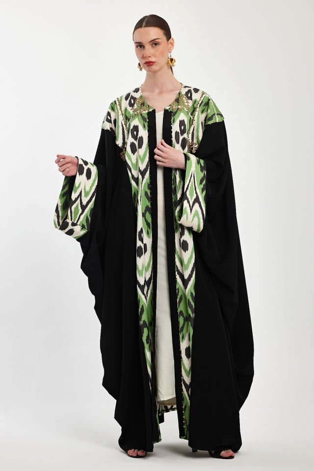 Hand - Woven Ikat Silk Fabric With Antique Gold Pieces Abaya