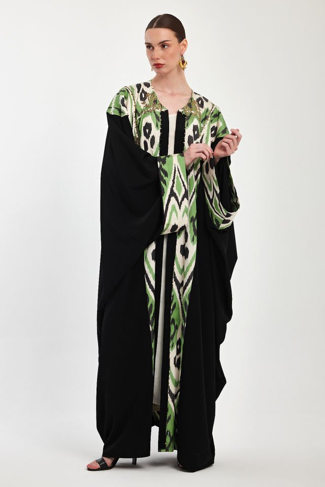 Hand - Woven Ikat Silk Fabric With Antique Gold Pieces Abaya
