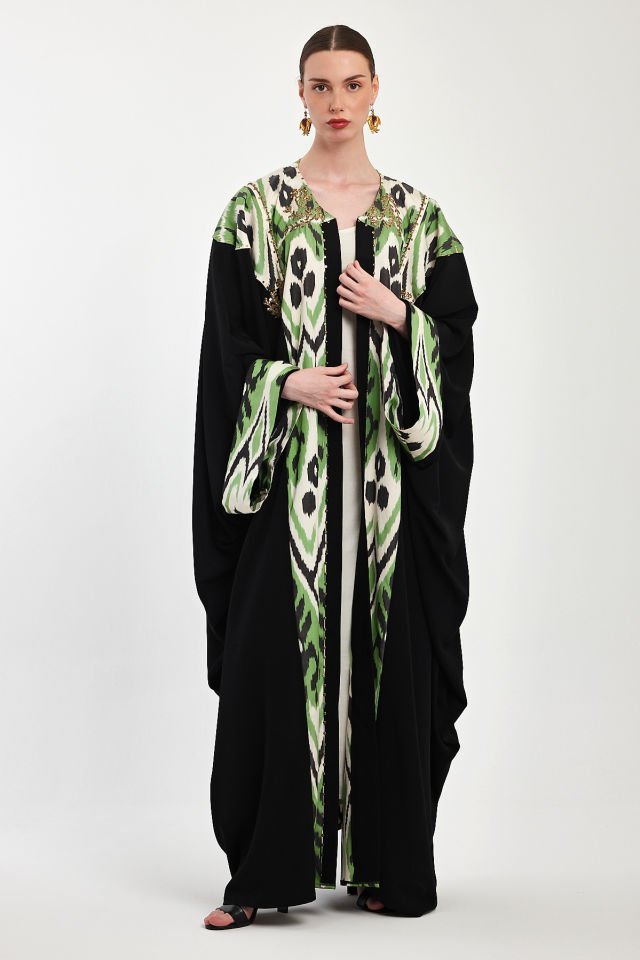 Hand - Woven Ikat Silk Fabric With Antique Gold Pieces Abaya
