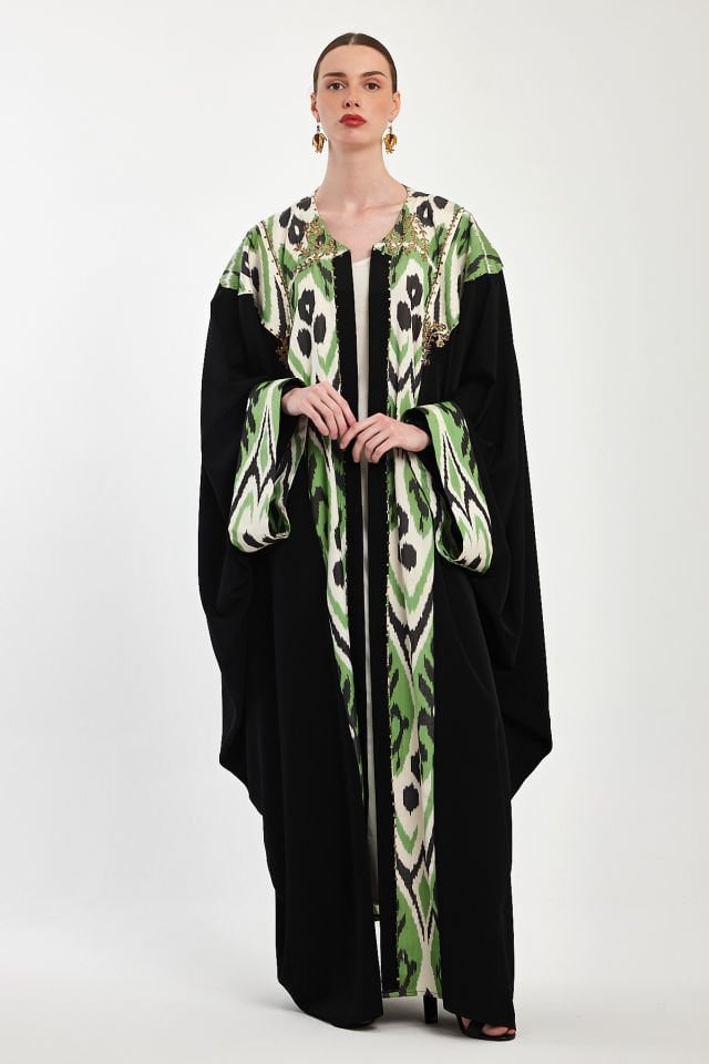 Hand - Woven Ikat Silk Fabric With Antique Gold Pieces Abaya
