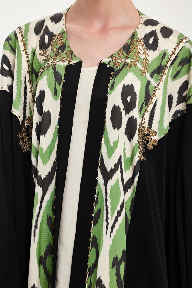 Hand - Woven Ikat Silk Fabric With Antique Gold Pieces Abaya