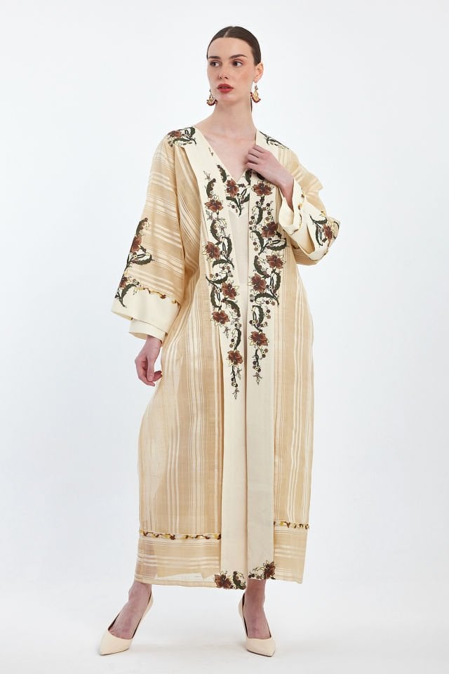 Dress and Abaya with Antique Motifs on Antique Silk Fabric