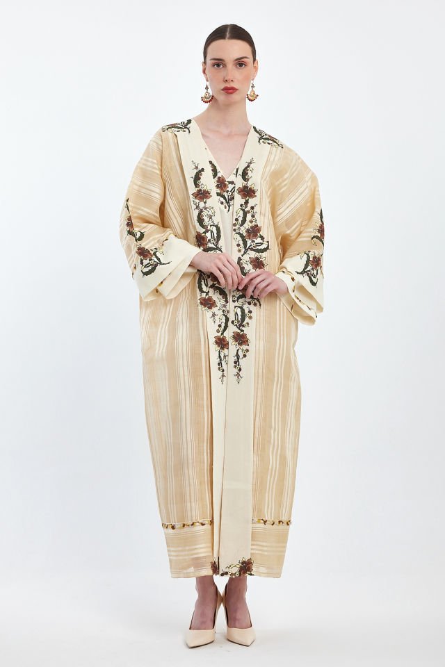 Dress and Abaya with Antique Motifs on Antique Silk Fabric