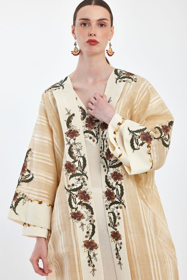 Dress and Abaya with Antique Motifs on Antique Silk Fabric