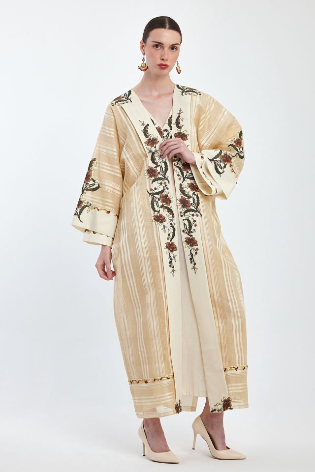 Dress and Abaya with Antique Motifs on Antique Silk Fabric