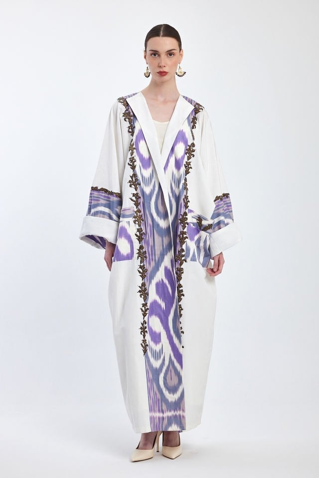 Abaya with Cotton Antique Pieces on Ikat Cotton Fabric