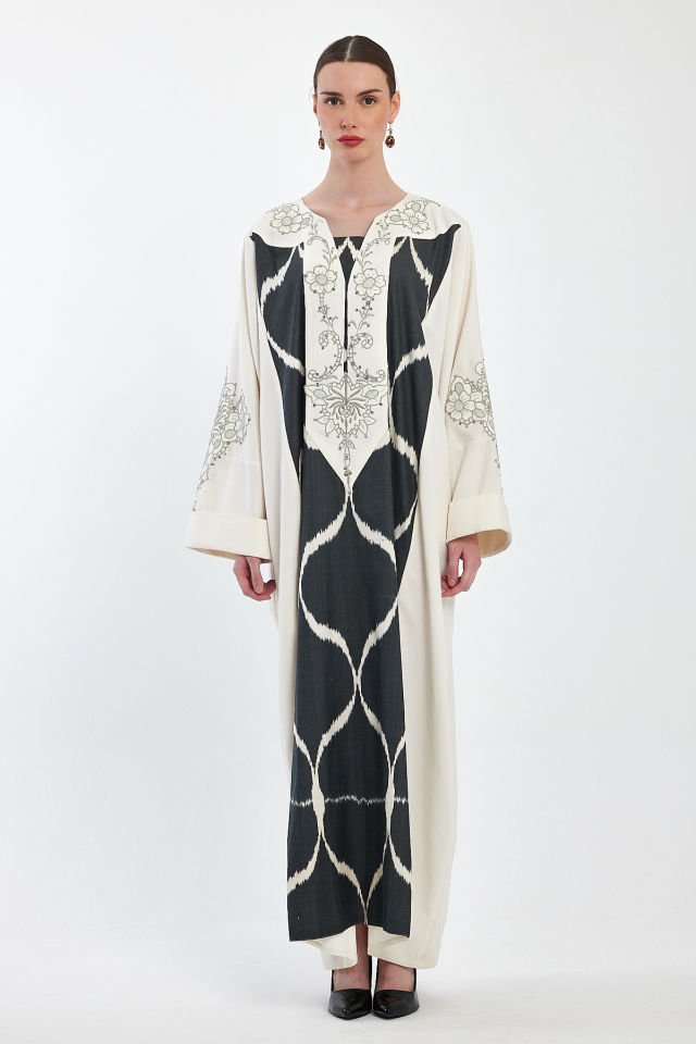 Dress with Antique Handmade Motifs on Ikat Silk Cotton Fabric
