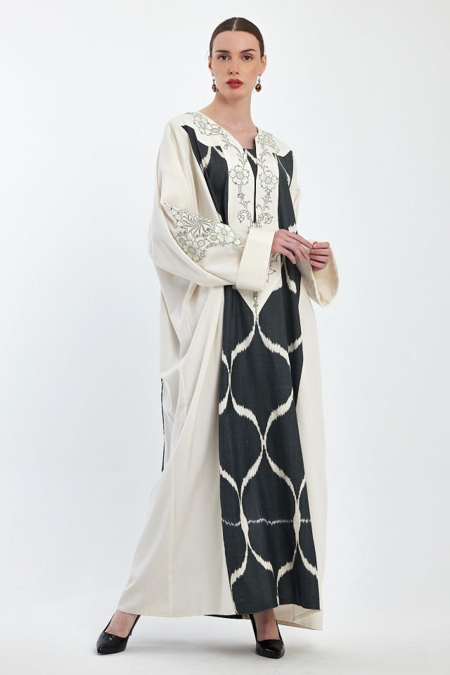 Dress with Antique Handmade Motifs on Ikat Silk Cotton Fabric