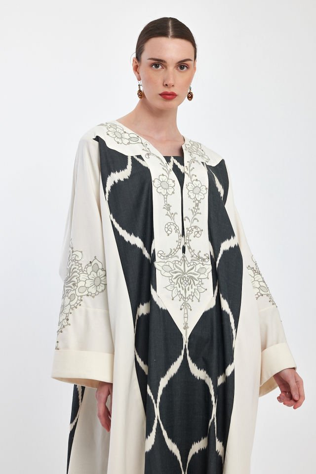 Dress with Antique Handmade Motifs on Ikat Silk Cotton Fabric