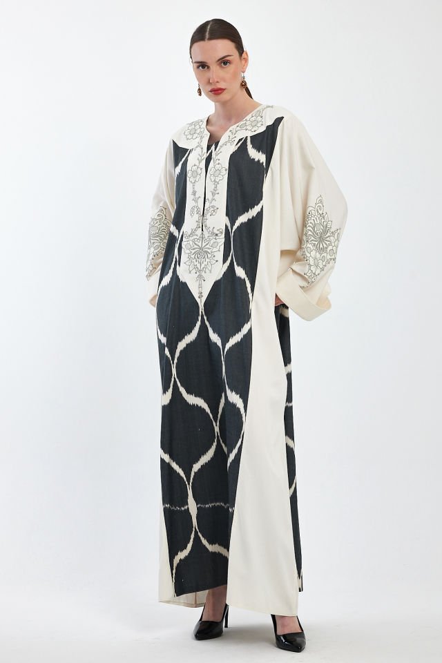 Dress with Antique Handmade Motifs on Ikat Silk Cotton Fabric