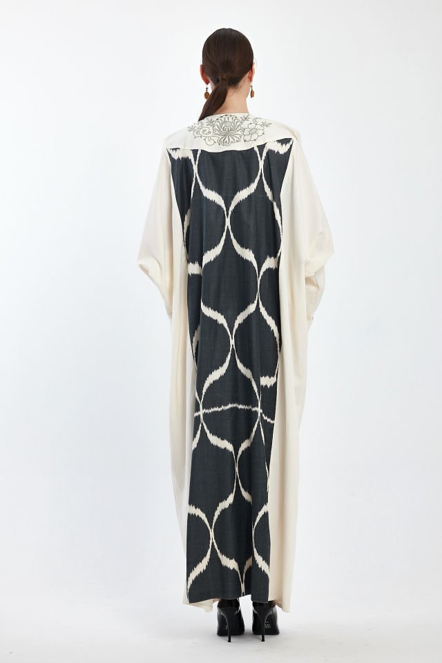 Dress with Antique Handmade Motifs on Ikat Silk Cotton Fabric