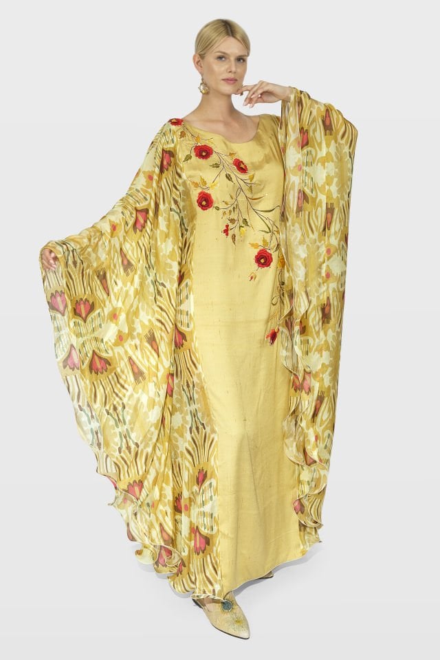 Antique Hand - Embroidered Silk Motif Dress on Antique Hand - Woven Ikat Silk Fabric