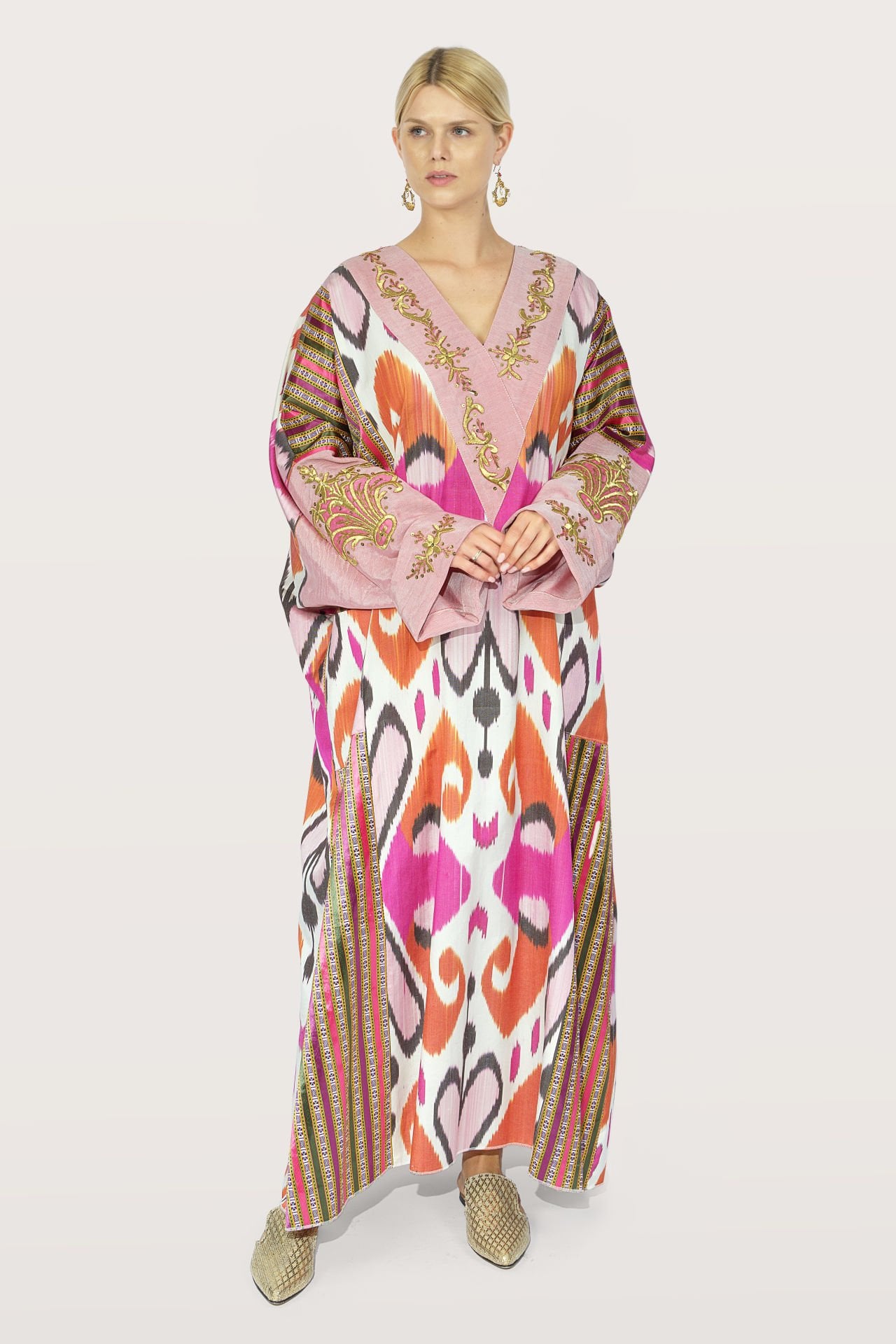 Hand - Woven Ikat Silk Fabric With Antique Gold Pieces Dress