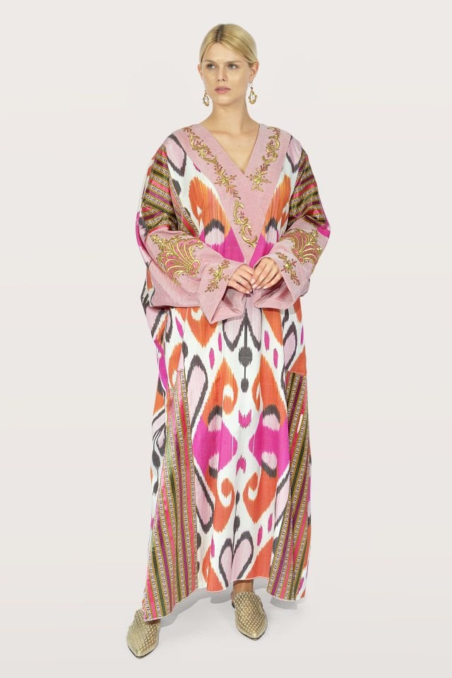 Hand - Woven Ikat Silk Fabric With Antique Gold Pieces Dress