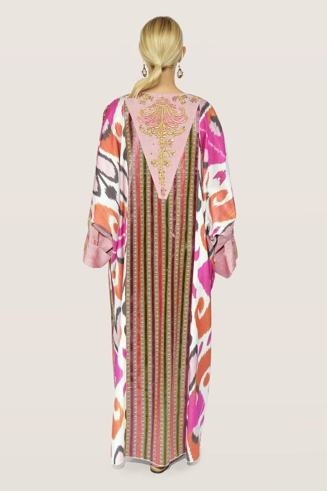 Hand - Woven Ikat Silk Fabric With Antique Gold Pieces Dress