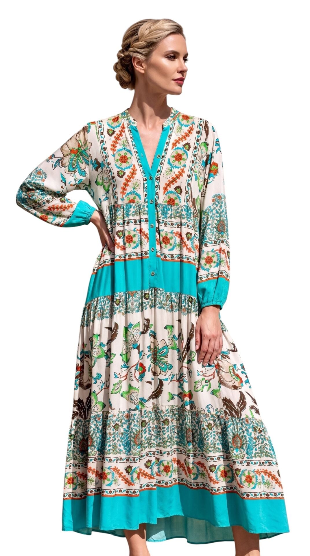 Patterned Collar Buttoned Special Design Dress
