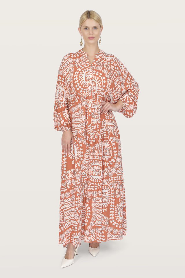 Patterned Collar Buttoned Special Design Dress