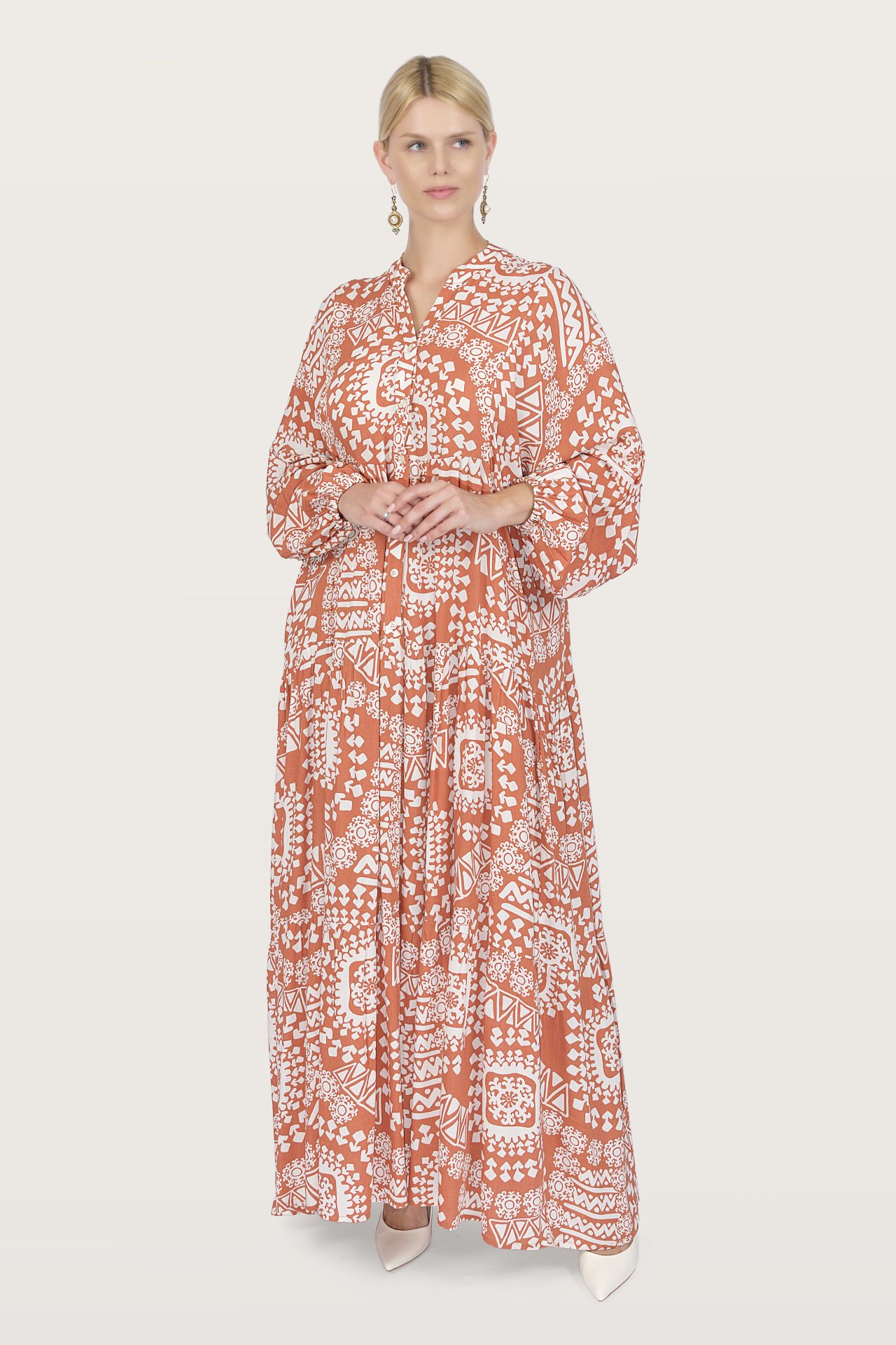 Patterned Collar Buttoned Special Design Dress