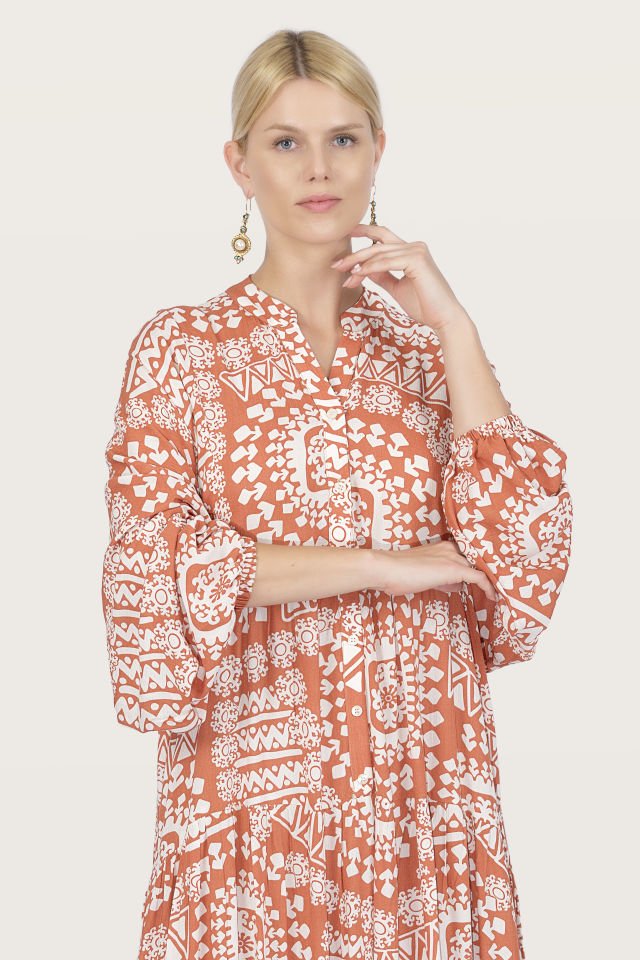 Patterned Collar Buttoned Special Design Dress