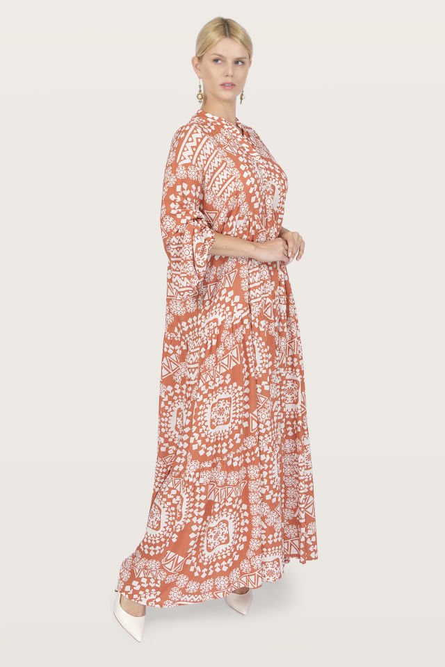 Patterned Collar Buttoned Special Design Dress
