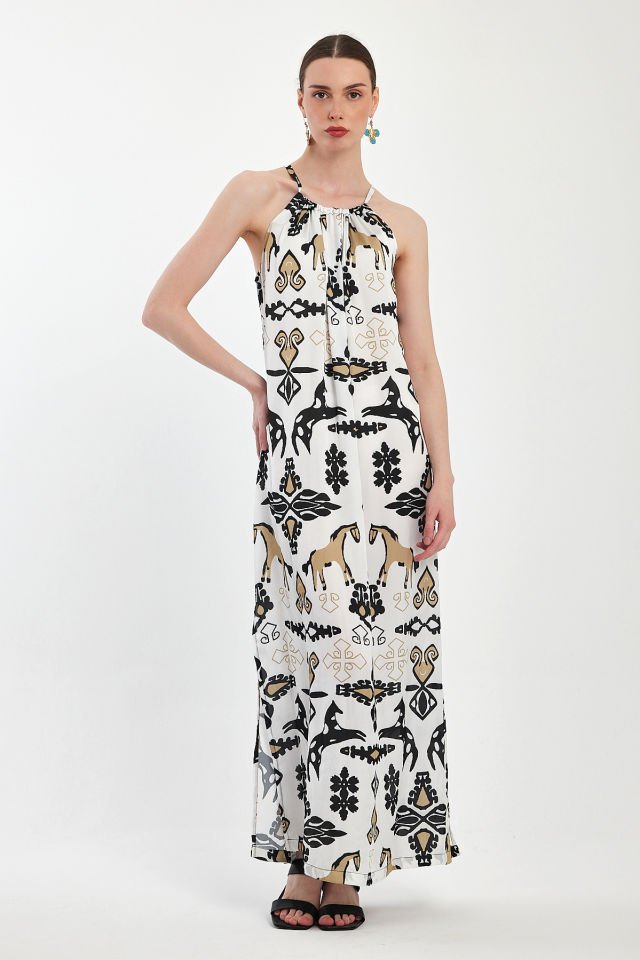 Patterned Halter Neck Special Design Maxi Dress
