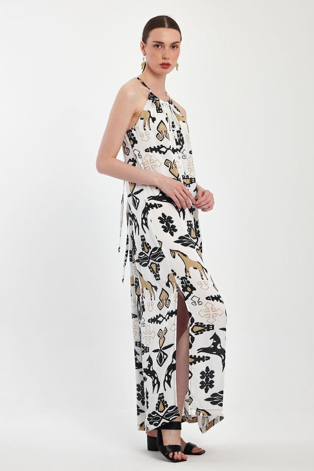 Patterned Halter Neck Special Design Maxi Dress