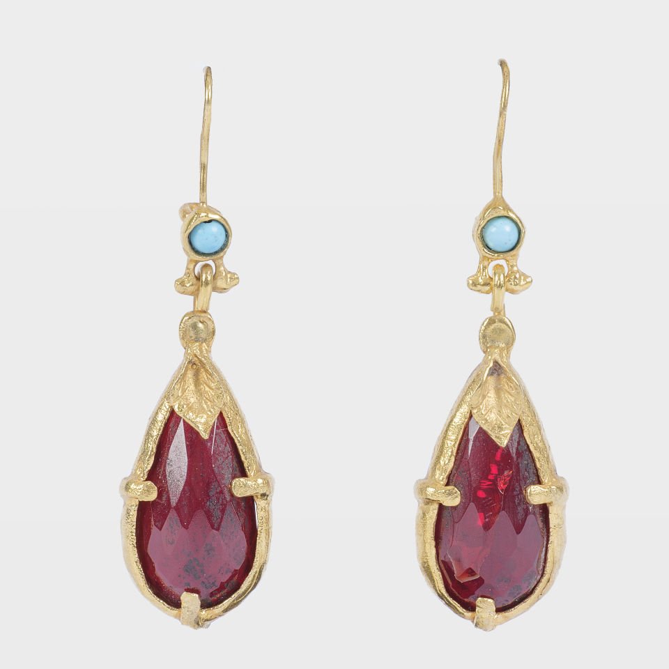 Gold Plated Turquoise Detailed Red Drop Earrings