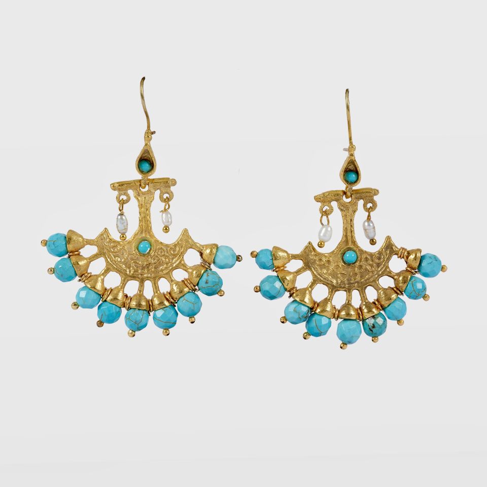 Gold Plated Turquoise Stone Dangling Earrings